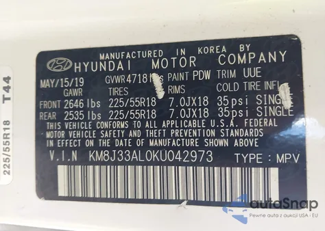 2019 Hyundai Tucson Sel z USA, uszkodzony, nr VIN KM8J33AL0KU042973